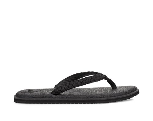 Sanuk Womens Yoga Braid Leather Black Flip Flops | DSZJNW642